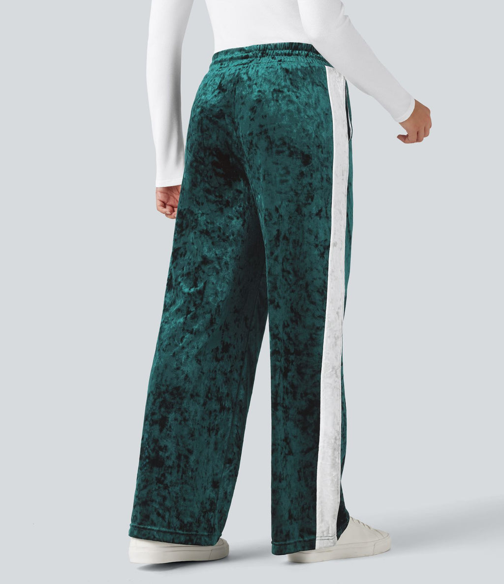 Pantalon velours coupe droite color block taille mi-haute avec cordon de serrage et poches