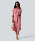 Robe-chemise midi casual à manches courtes aspect lin, ceinturée et avec poches