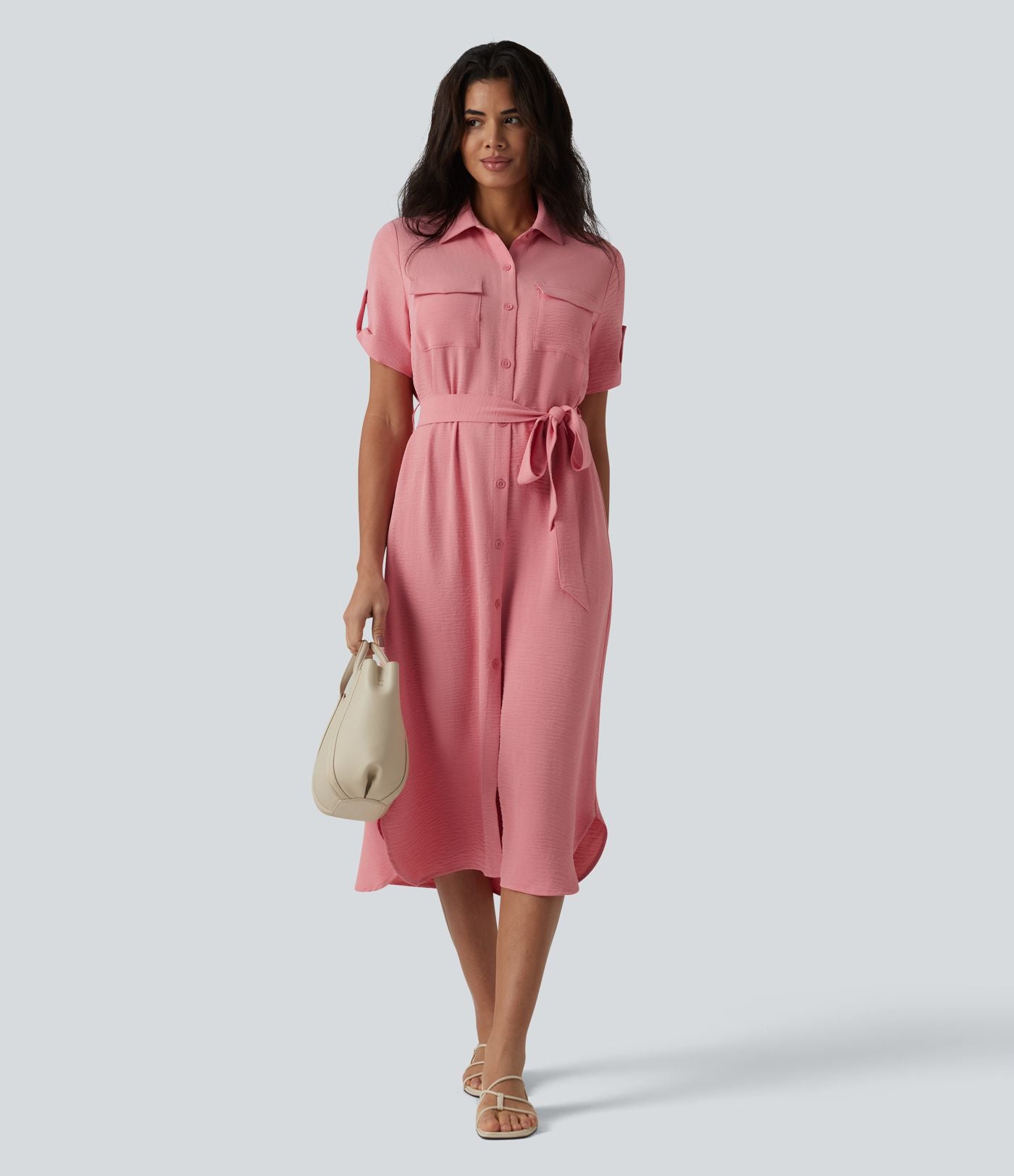 Robe-chemise midi casual à manches courtes aspect lin, ceinturée et avec poches