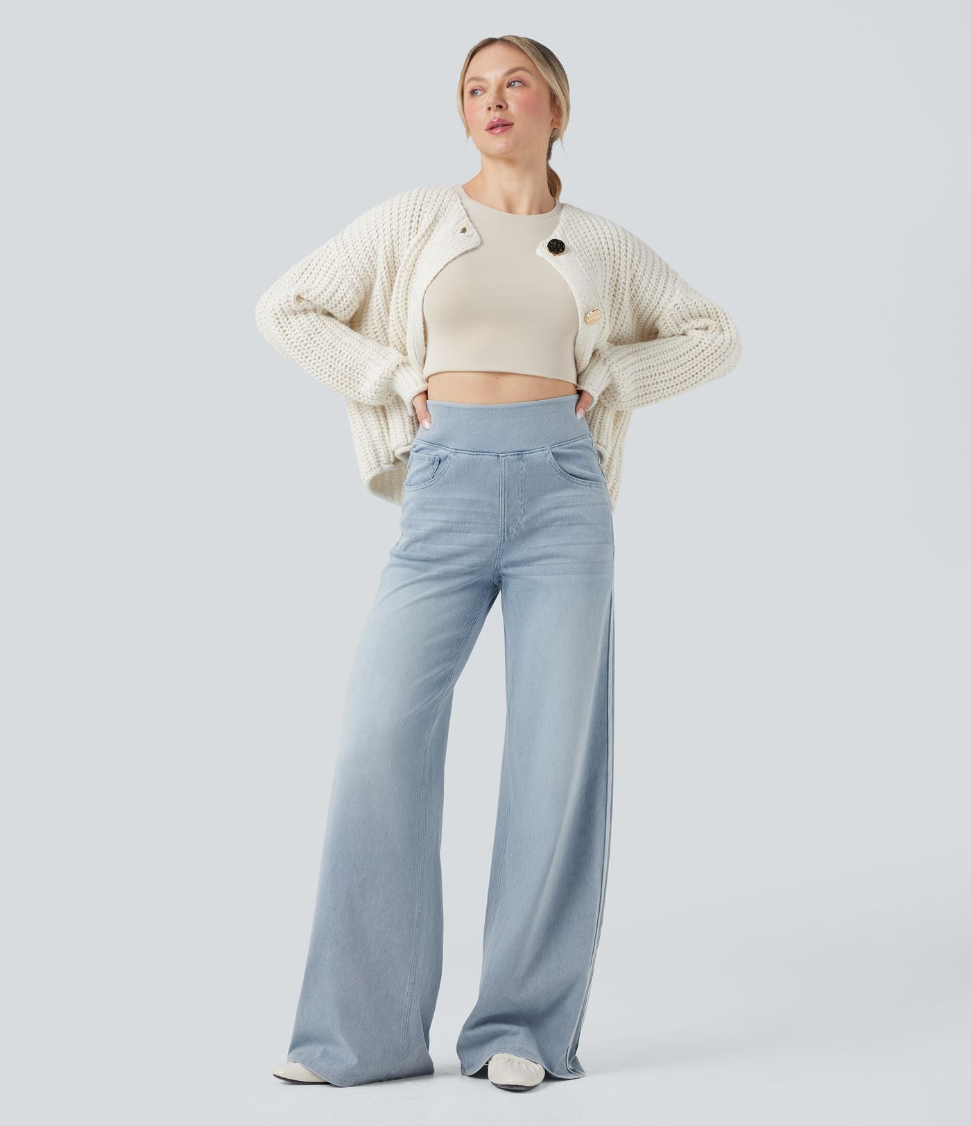 Halara Flex™ Jean large fluide délavé taille haute à rayures avec poches