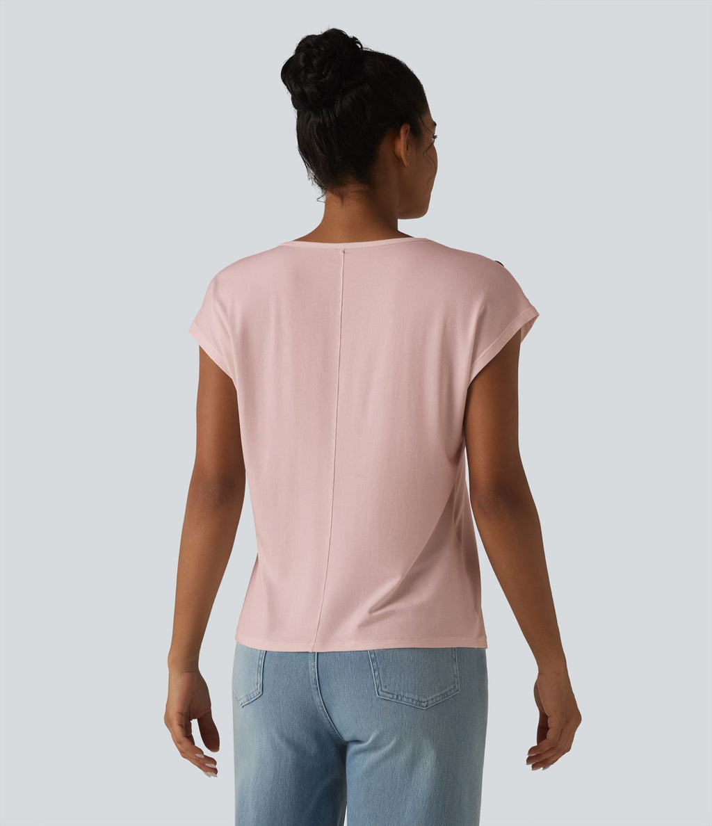 T-shirt décontracté col V manches courtes boutons décoratifs