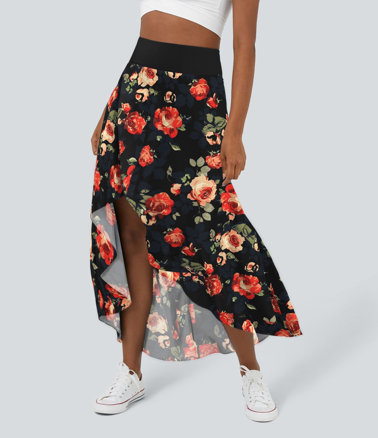 Jupe Maxi Casual Imprimé Floral 2 en 1 Taille Haute avec Volants Hauts et Bas