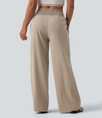 Pantalon large décontracté froncé taille haute aspect lin avec poches