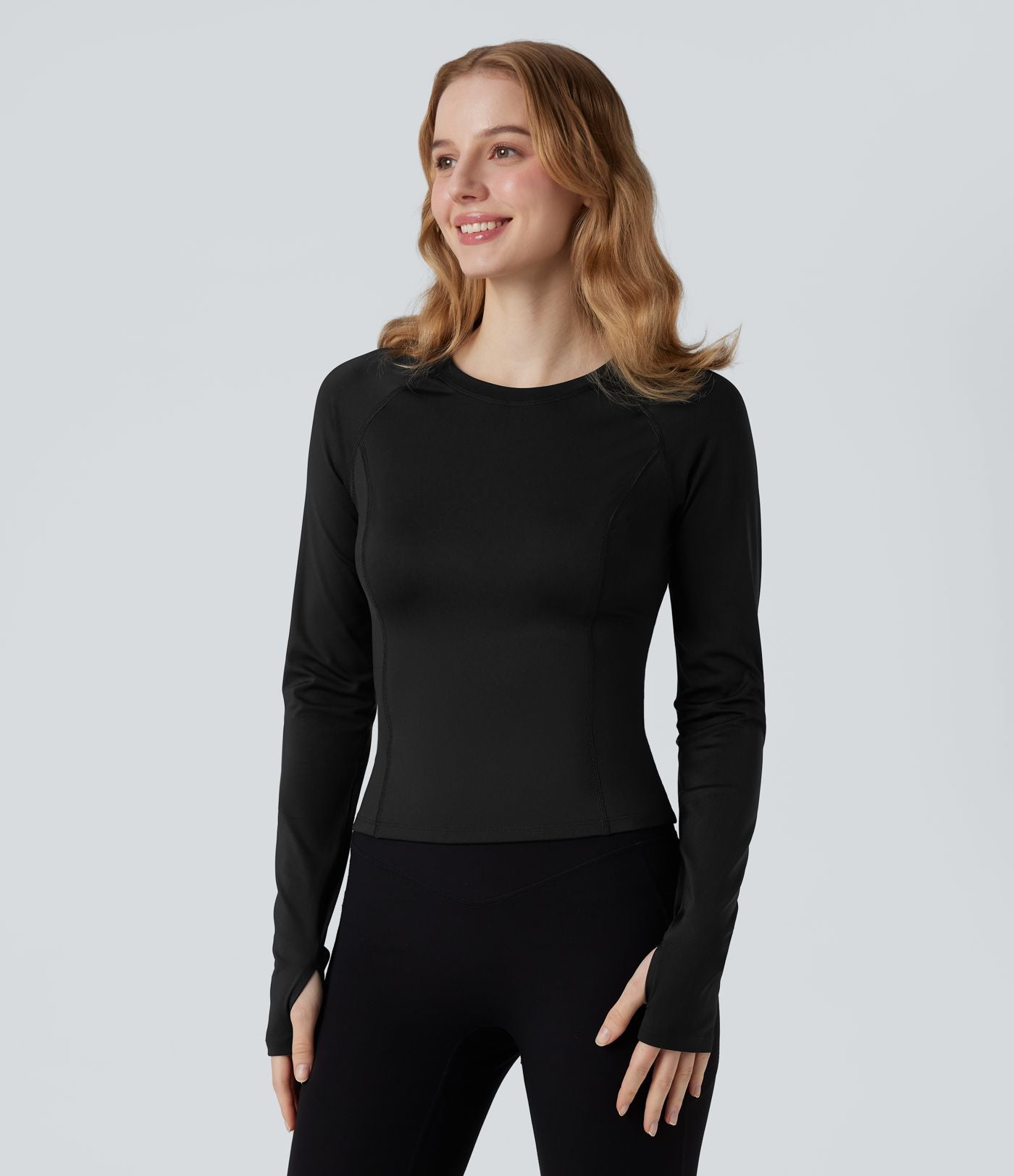 Haut de sport yoga SoftlyZero™ Airy col rond mesh contrastant effet frais InstantCool manches longues avec passe-pouces, protection solaire UPF50+
