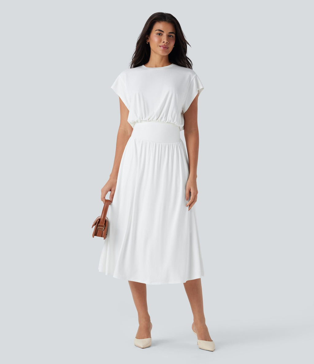 Robe de travail mi-longue fluide gainante à manches chauve-souris avec poches