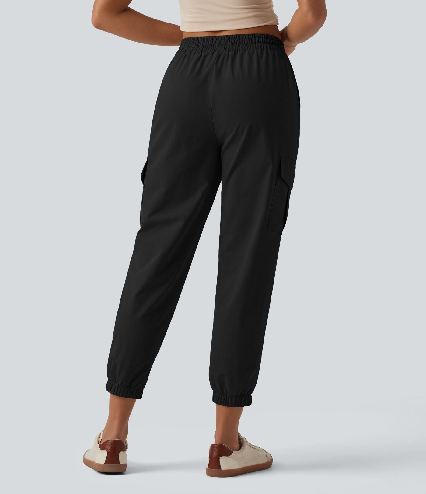 Jogging cargo décontracté popeline extensible taille mi-haute avec cordon de serrage et poches