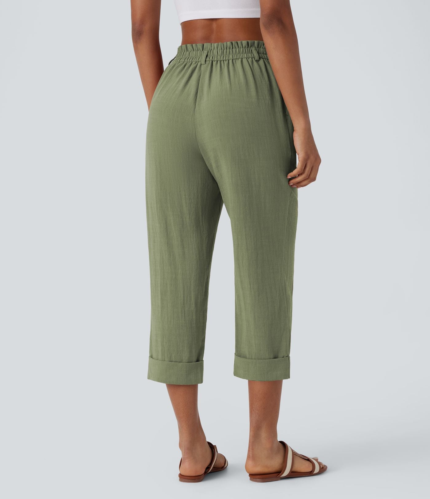 Pantalon capri effet lin taille haute avec poches zippées