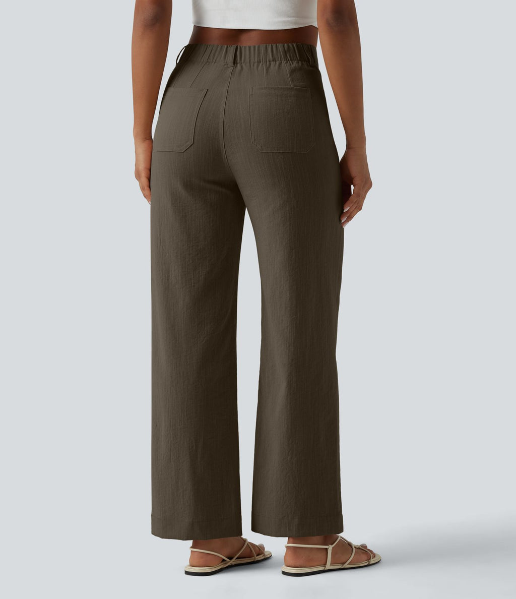 Pantalon taille haute coupe droite effet lin avec poches