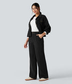 Pantalon décontracté large en velours côtelé, taille haute, avec poches