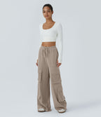 Pantalon cargo décontracté large à cordon côtelé, taille mi-haute, avec poches