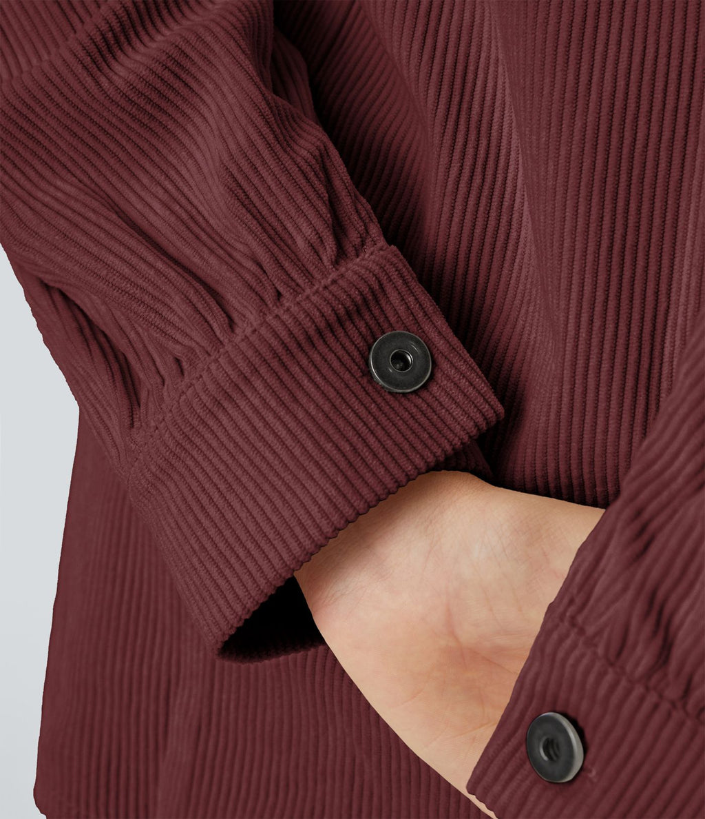 Veste Casual en Velours Côtelé à Col Boutonné Poches et Manches Longues Ourlet Courbé