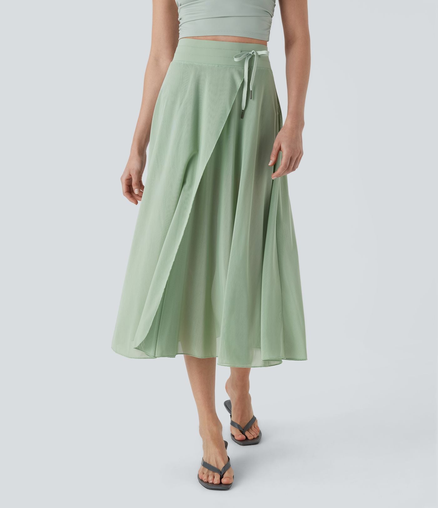 Jupe Casual Évasée Mesh Mi-Longue Fuide 2 en 1 Contrastée Taille Haute Cordon Poche Latérale