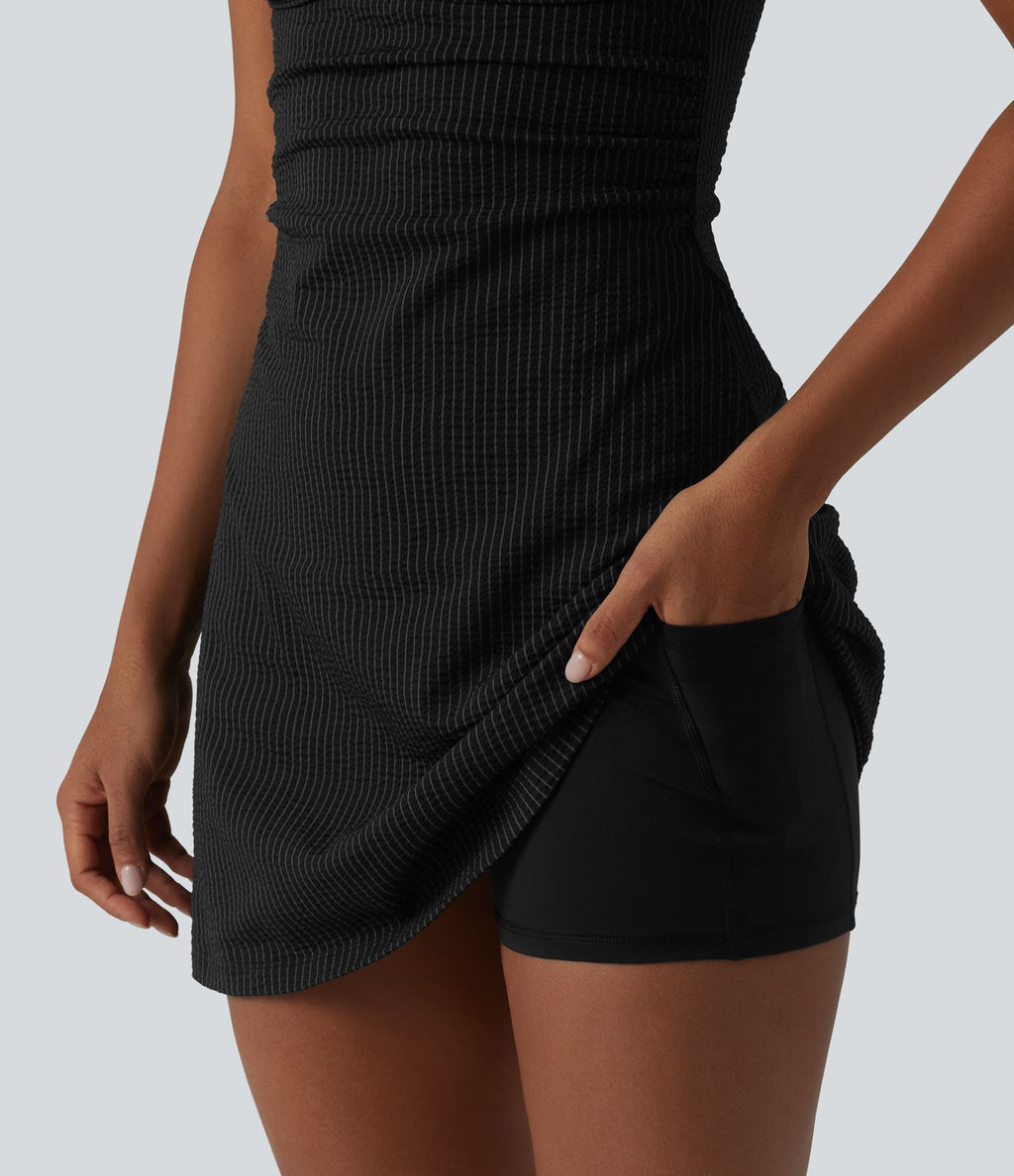 Robe sport mini de tennis 2 pièces à col U, soutien-gorge intégré, rayures, séchage rapide et poches - UPF40+