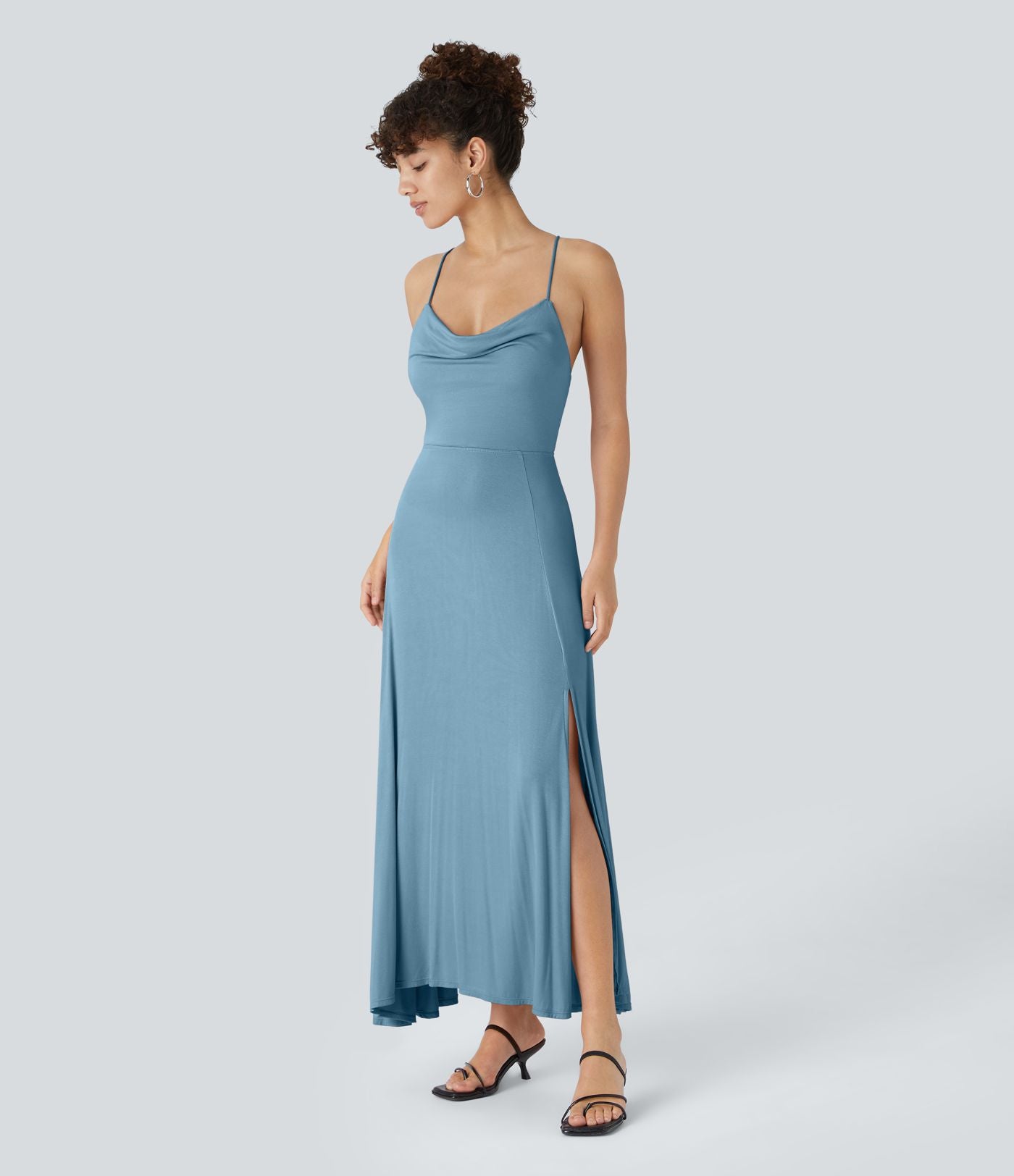 Robe Soirée Midi Encolure Côtelée Dos Nu Lacets Croisés Fendue