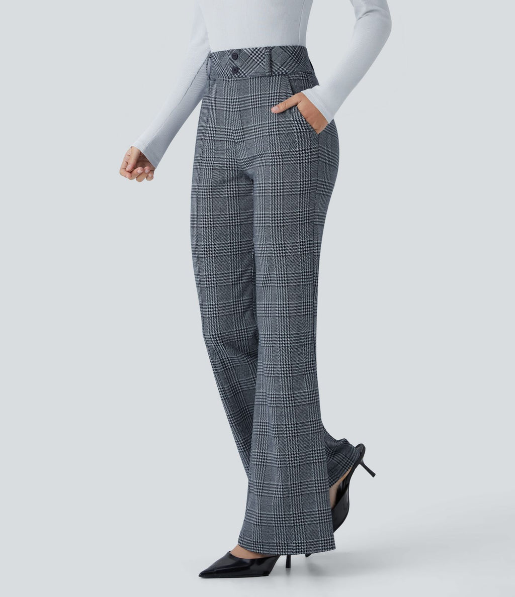 Halara Flex™ Pantalon tailleur évasé à carreaux pied-de-poule, taille haute avec boutons décoratifs et poches latérales