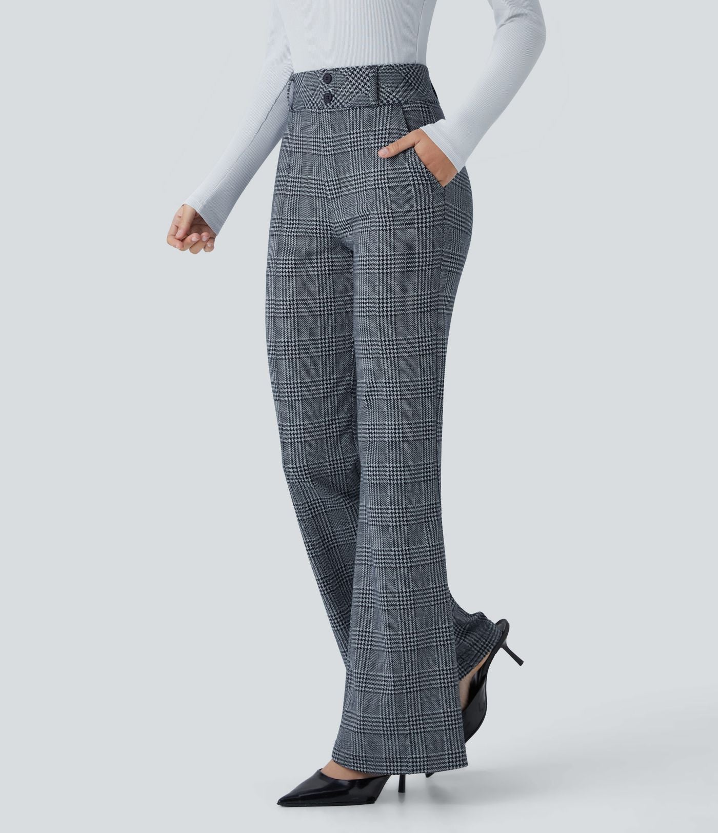 Halara Flex™ Pantalon tailleur évasé à carreaux pied-de-poule, taille haute avec boutons décoratifs et poches latérales