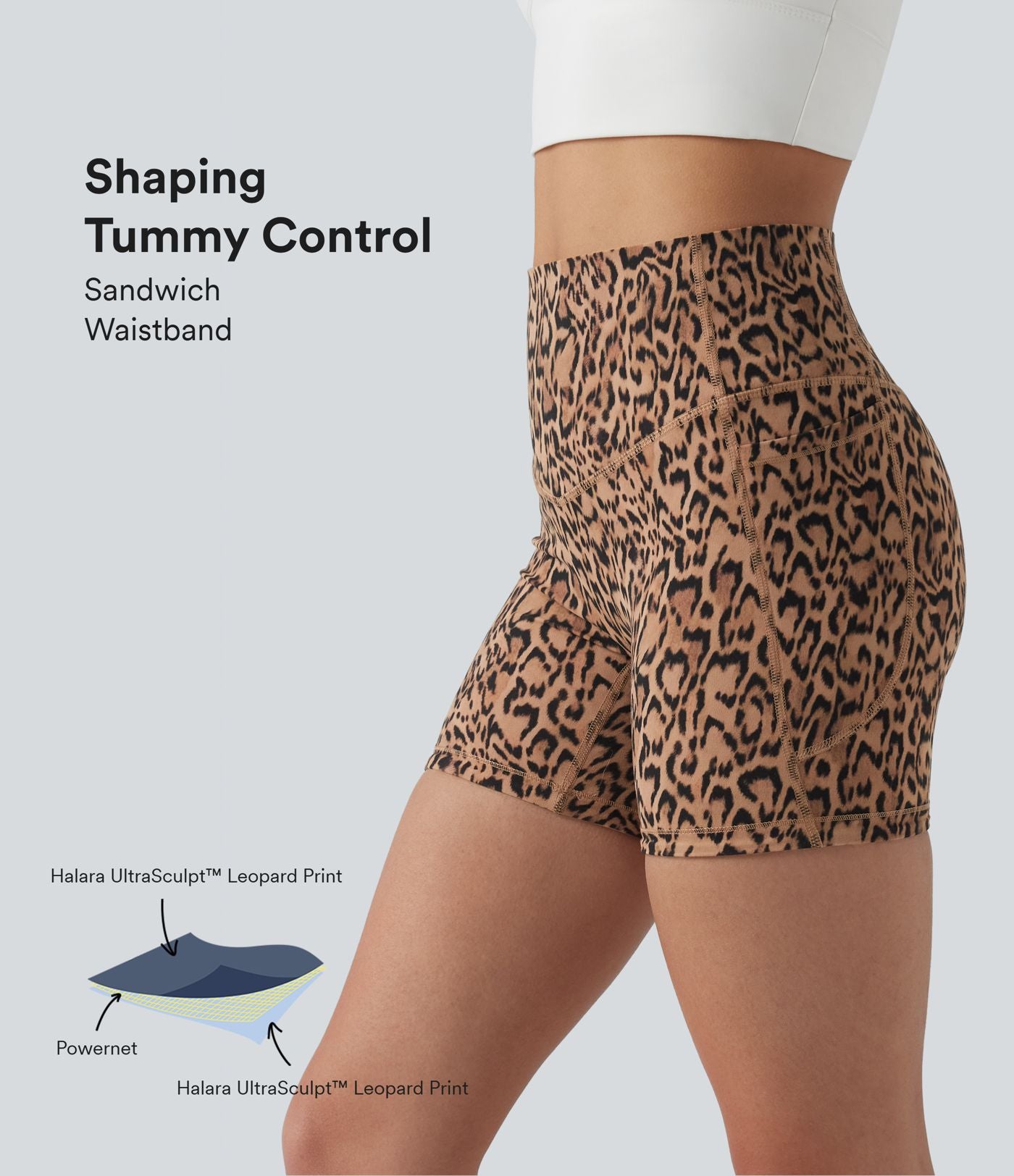 Short cycliste d'entraînement Halara UltraSculpt™ taille haute gainant imprimé léopard 12,5 cm avec poches