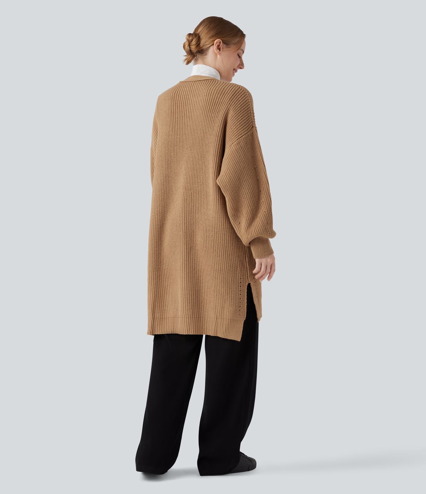 Cardigan long manches évêque avec fentes et découpes