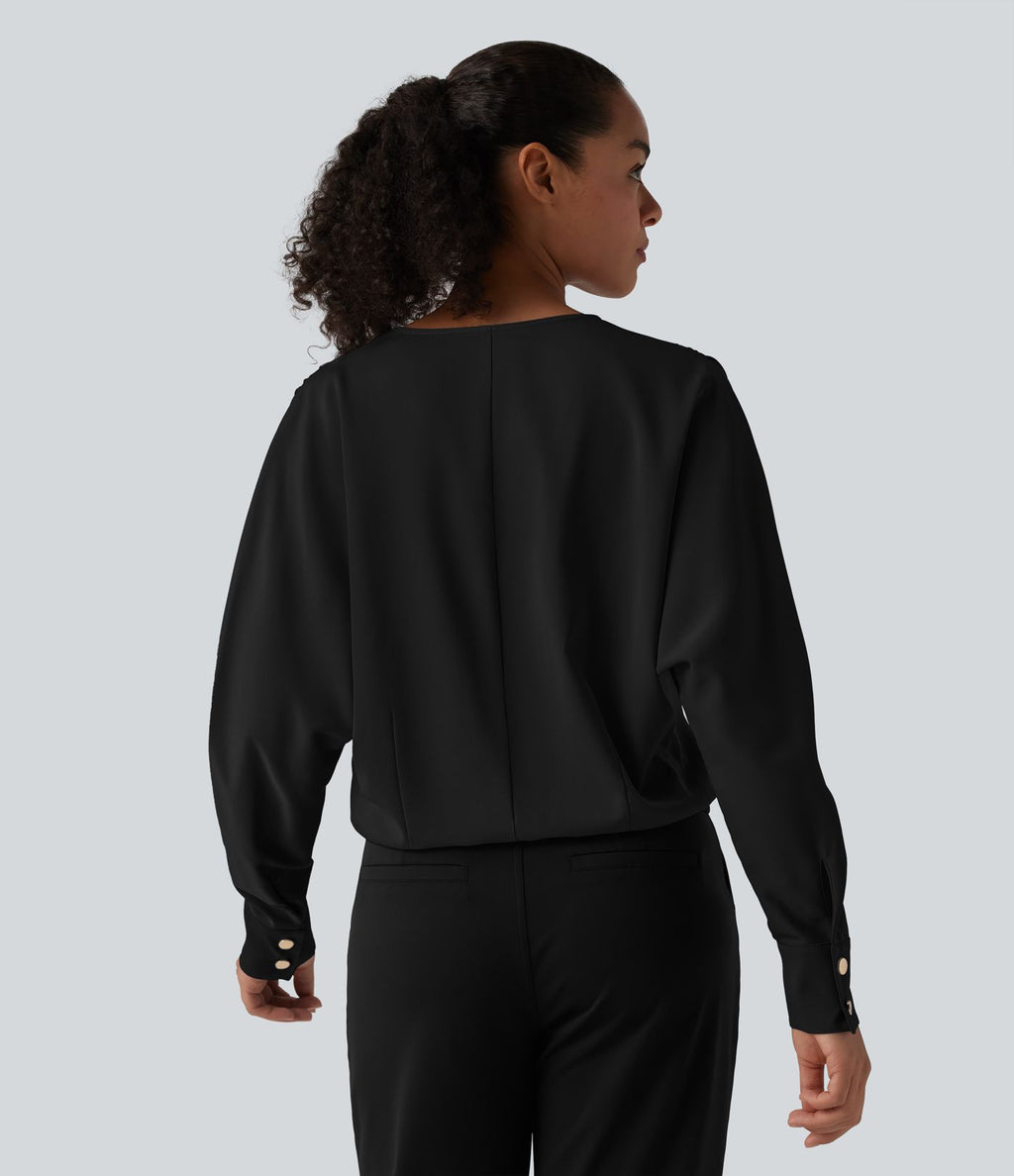 Blouse esprit bureau défroissage facile, col V, manches longues et boutons décoratifs