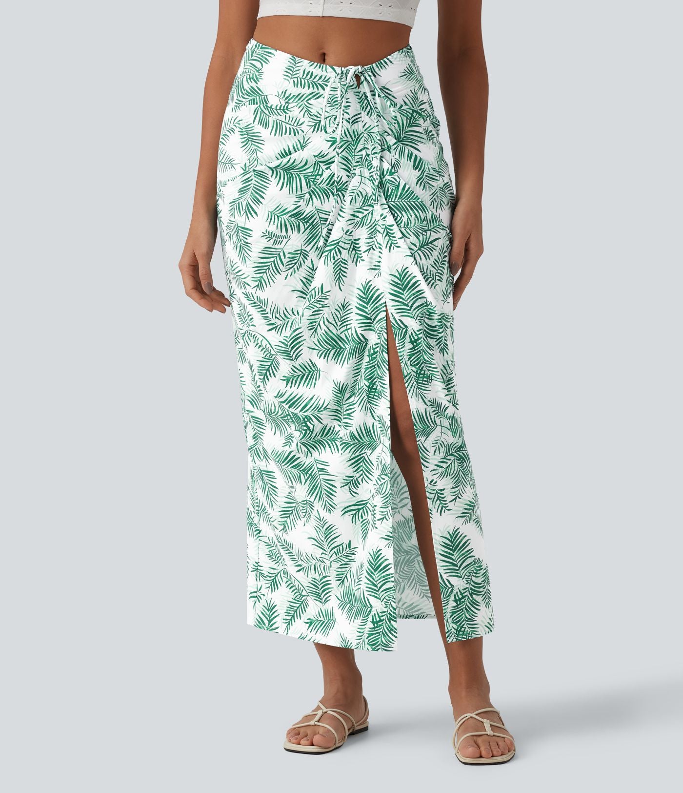 Jupe longue moulante taille mi-haute avec nœud devant et fronces imprimé floral/à rayures