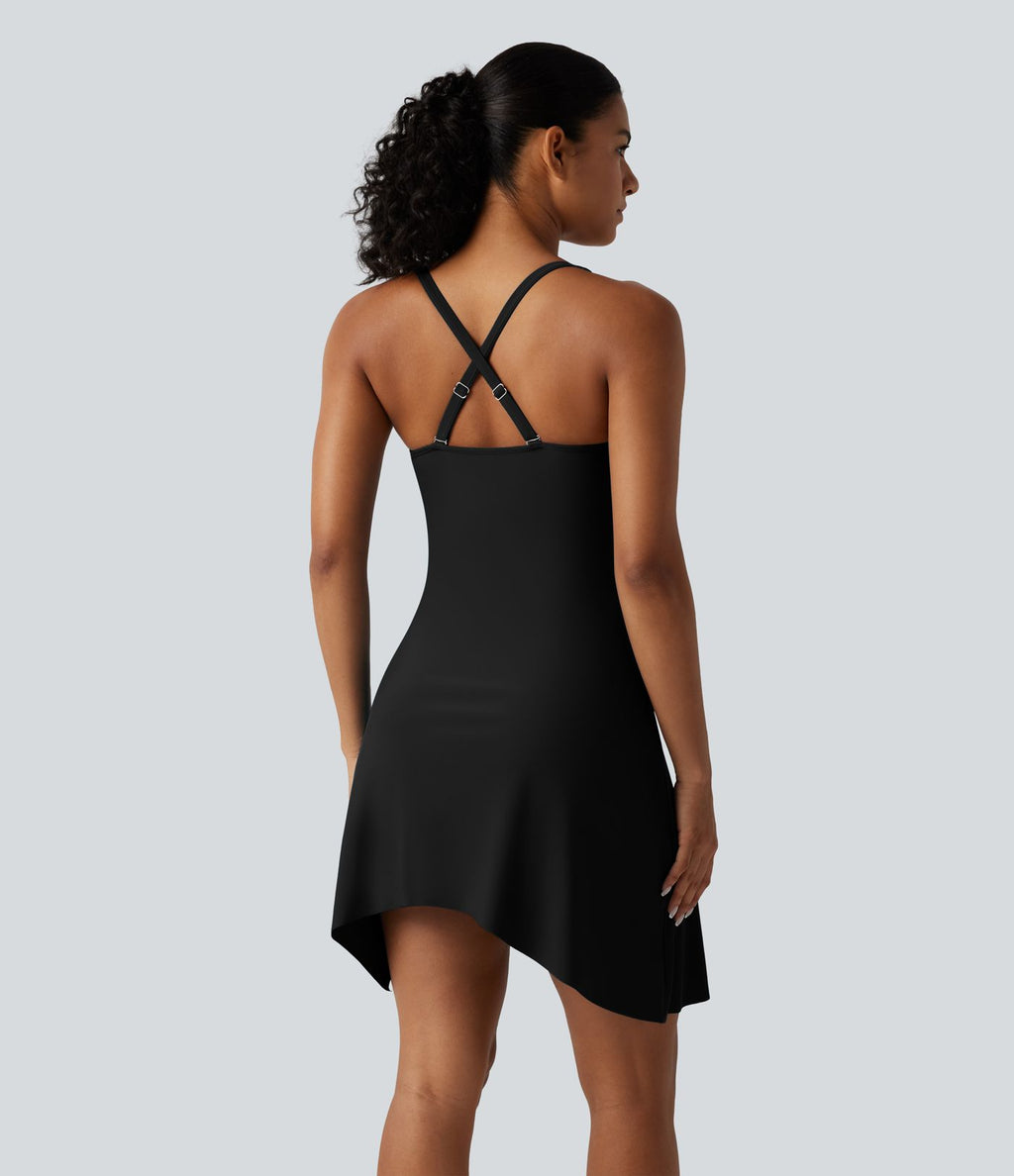 Robe de bain 2-en-1 push-up gainante à encolure Queen Anne avec bretelles ajustables, design torsadé, fronces, ourlet fendu, brassière intégrée et poches