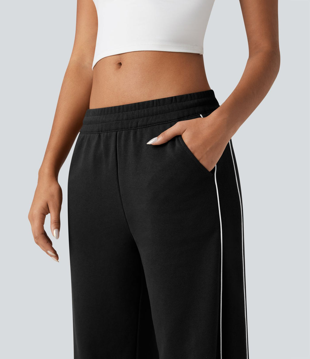 Pantalon jogging coton coupe droite taille mi-haute color block avec cordon de serrage et poches
