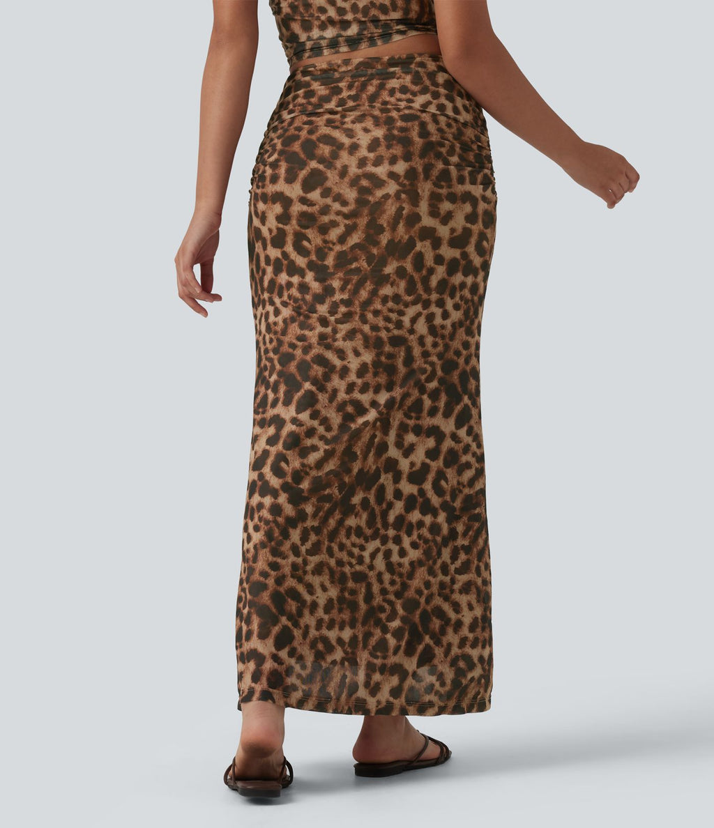 Jupe longue sirène de soirée mesh imprimé léopard avec fronces taille mi-haute