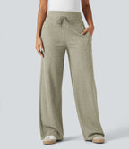 Pantalon jogging large décontracté côtelé gainant taille haute avec cordon de serrage et poches