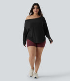 Haut de yoga grande taille asymétrique une épaule dénudée manches longues avec passages pouces, ourlet arrondi high-low et séchage rapide - Brassière intégrée