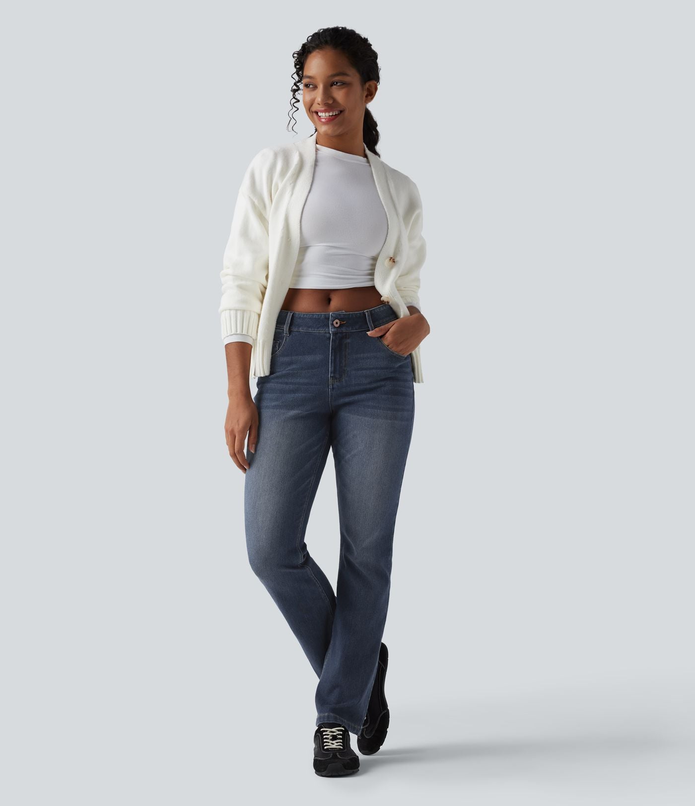 Jean bootcut délavé Halara Flex™ taille basse avec bouton, fermeture éclair et poches multiples