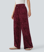 Pantalon décontracté velours jambe large taille mi-haute avec cordon de serrage et poches