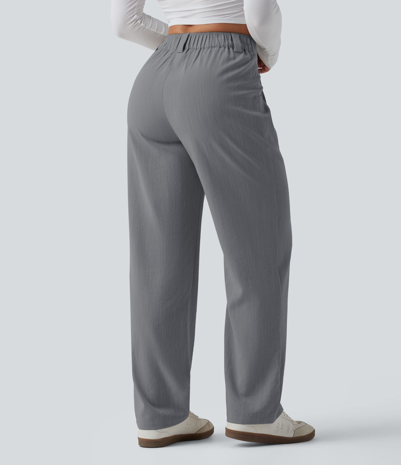 Pantalon décontracté mi-taille effet lin avec poches
