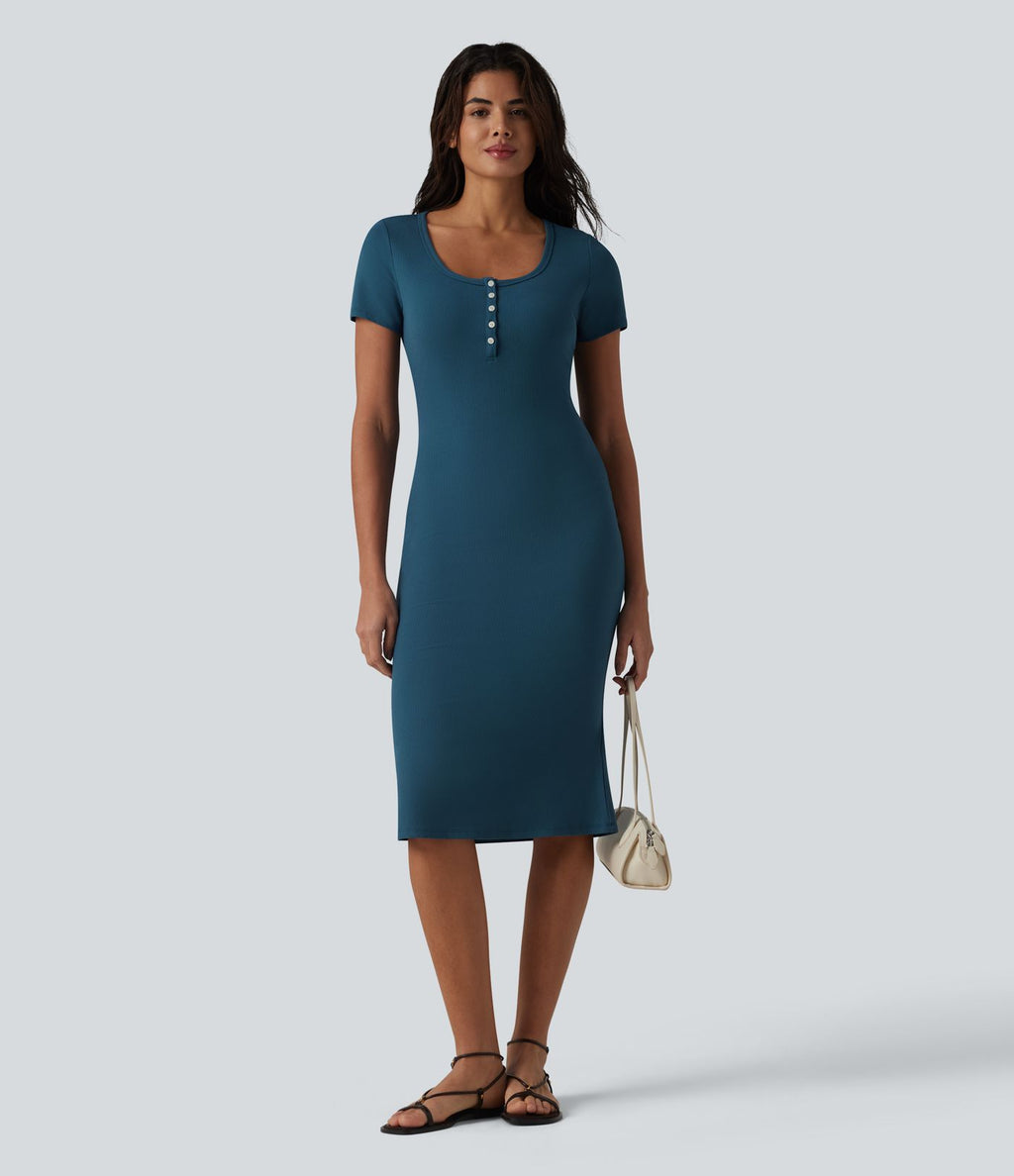Robe midi casual moulante en maille côtelée à manches courtes, col henley et bas sirène