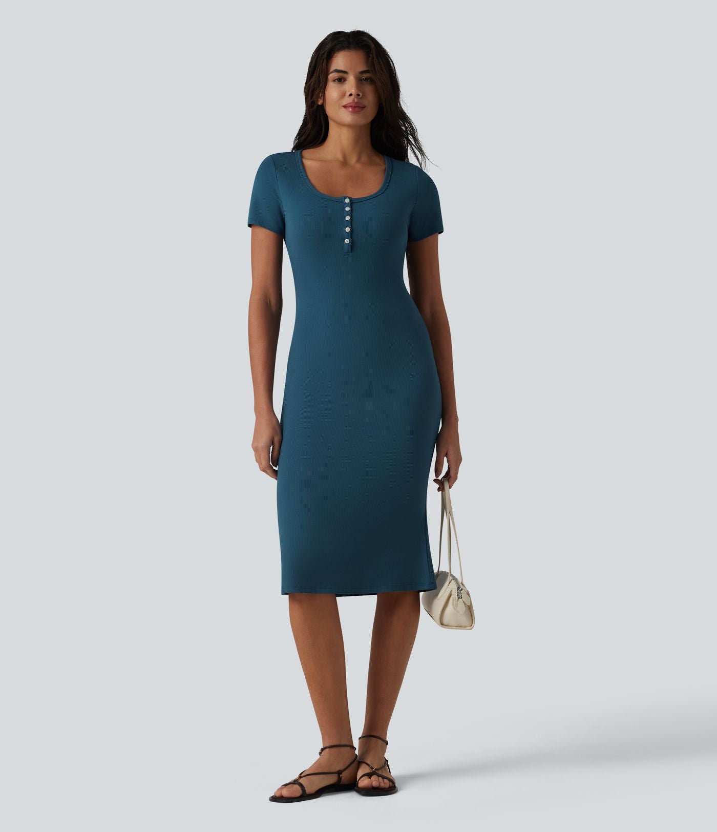 Robe midi casual moulante en maille côtelée à manches courtes, col henley et bas sirène
