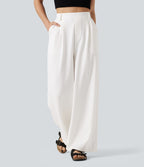 Pantalon tailleur large, taille haute, à poches