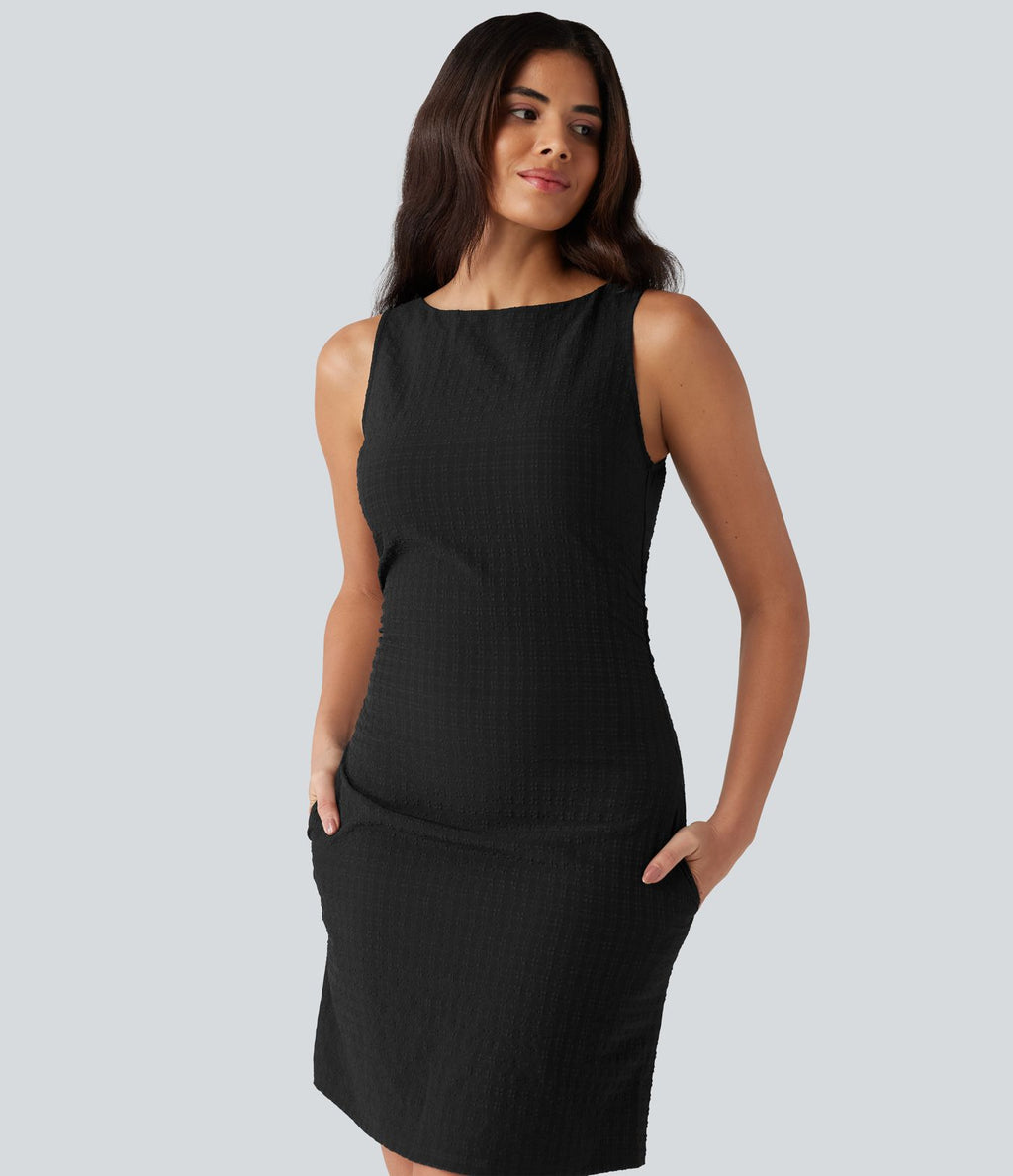 Robe mini casual sans manches col bateau à carreaux vichy, avec poches