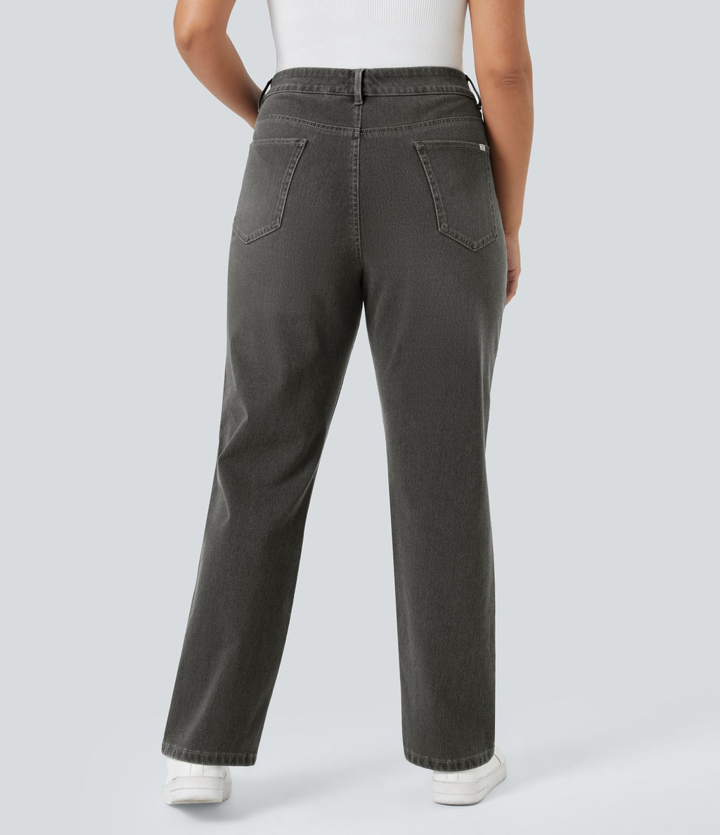 Jean décontracté Halara Flex™ grande taille, taille haute, multiples poches, jambes droites, effet délavé, en maille extensible