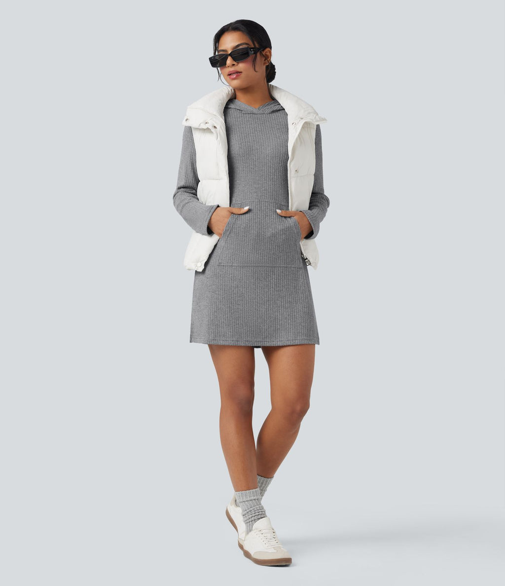 Robe active mini de randonnée maille côtelée à capuche manches longues avec poche