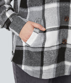 Veste de Casual à Carreaux en Polaire à Capuche avec Cordon de Serrage Boutons et Poches Latérales