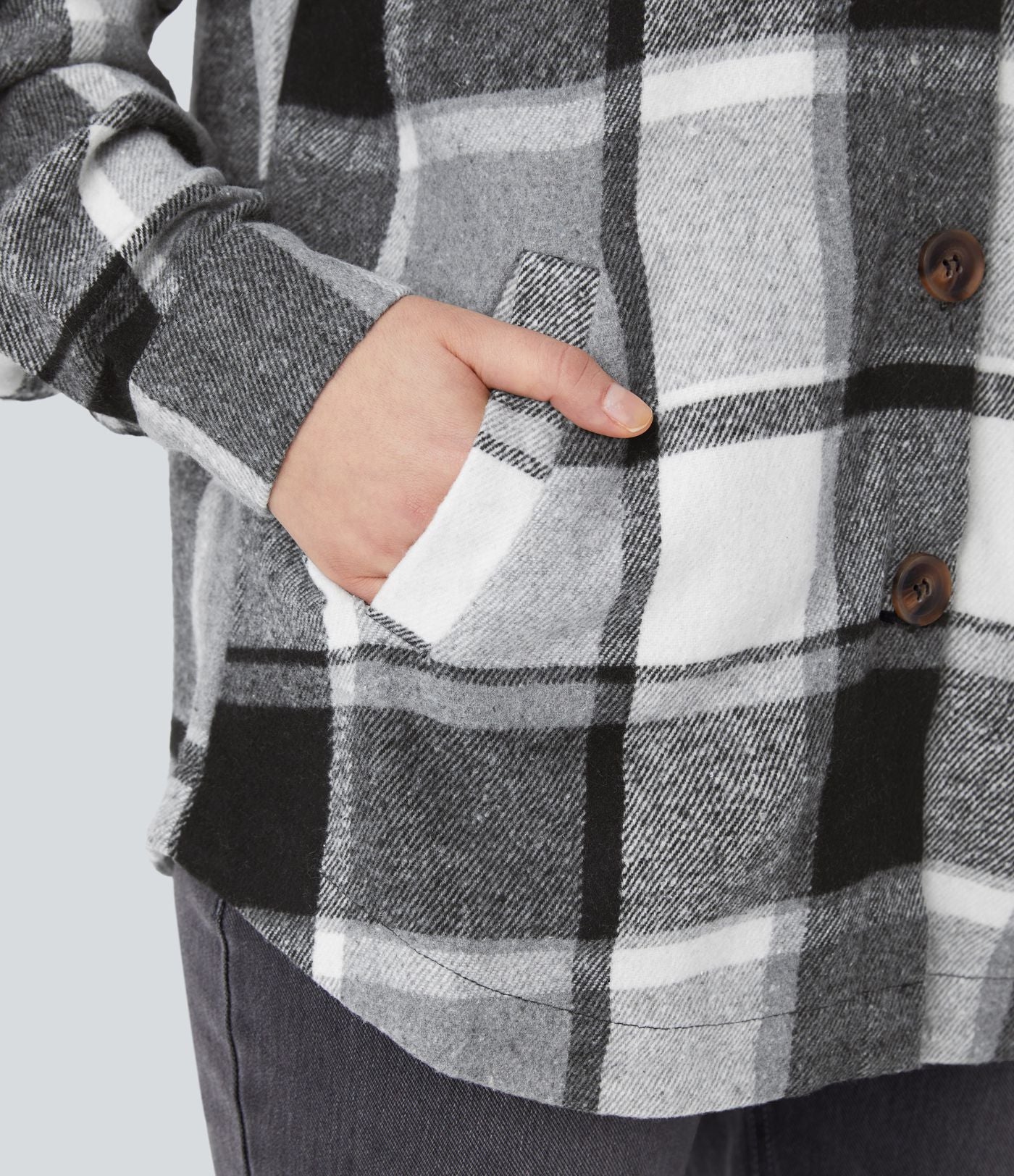Veste de Casual à Carreaux en Polaire à Capuche avec Cordon de Serrage Boutons et Poches Latérales