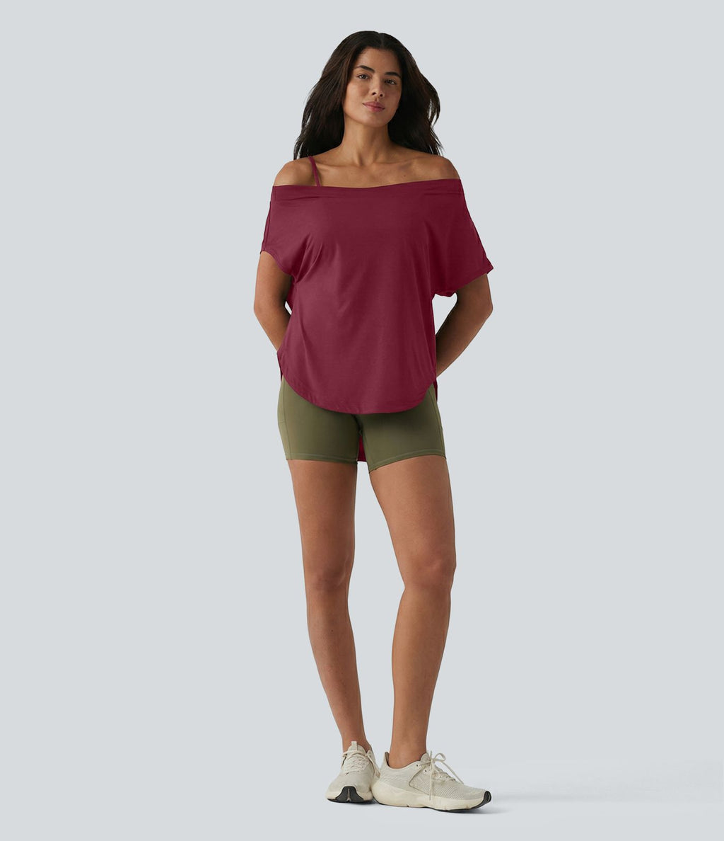 Top de yoga à une épaule, manches courtes, ourlet asymétrique et soutien-gorge intégré à séchage rapide