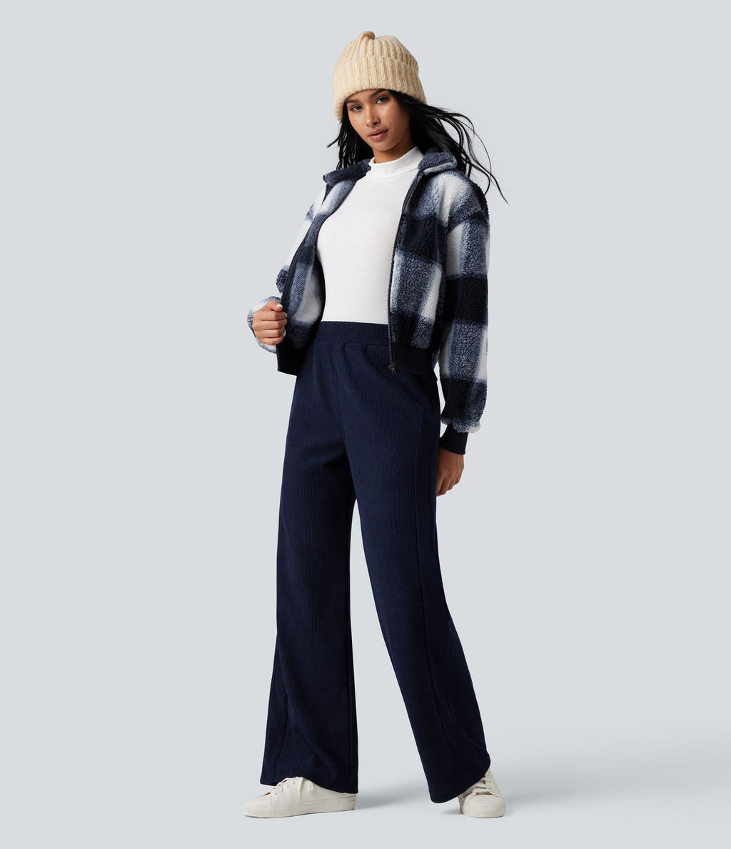 Veste sherpa col montant côtes contrastantes avec fermeture éclair et poches