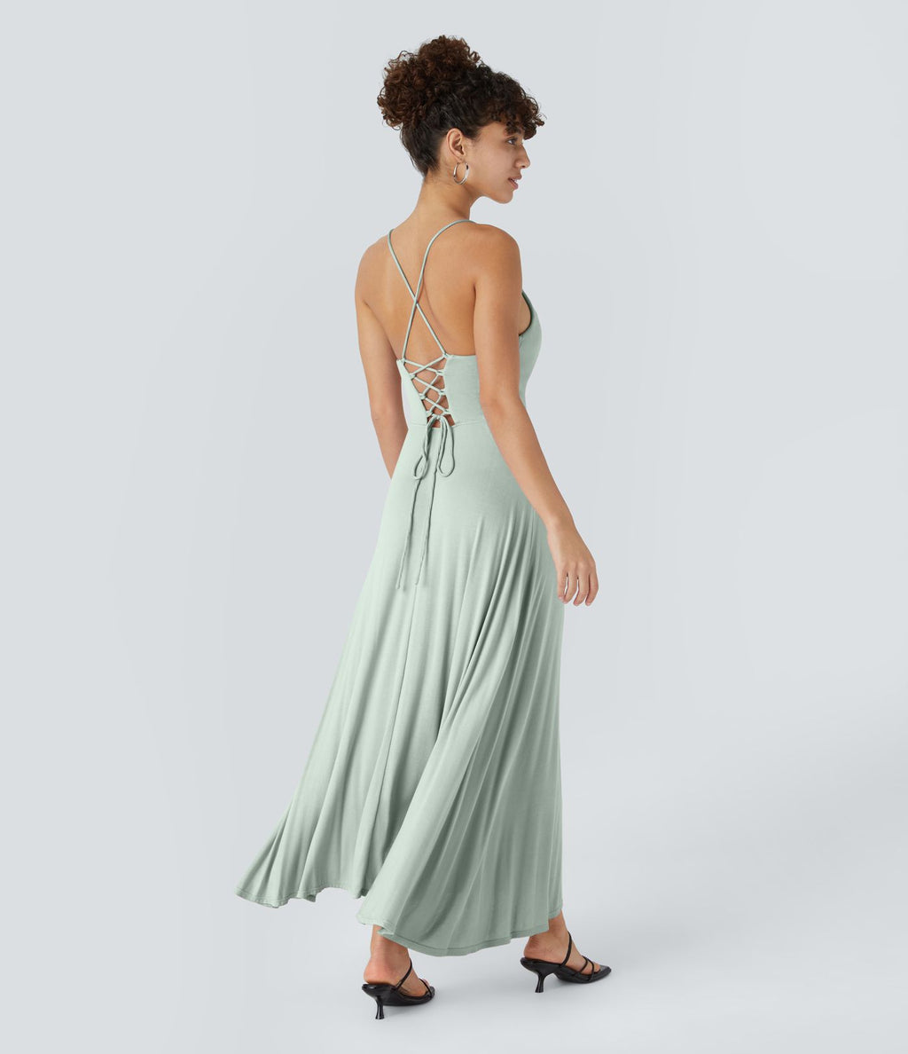 Robe Soirée Midi Encolure Côtelée Dos Nu Lacets Croisés Fendue