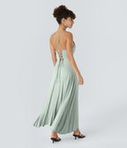 Robe Soirée Midi Encolure Côtelée Dos Nu Lacets Croisés Fendue