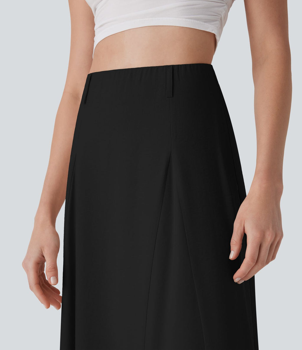 Jupe longue évasée à taille haute avec fermeture éclair invisible, aspect lin