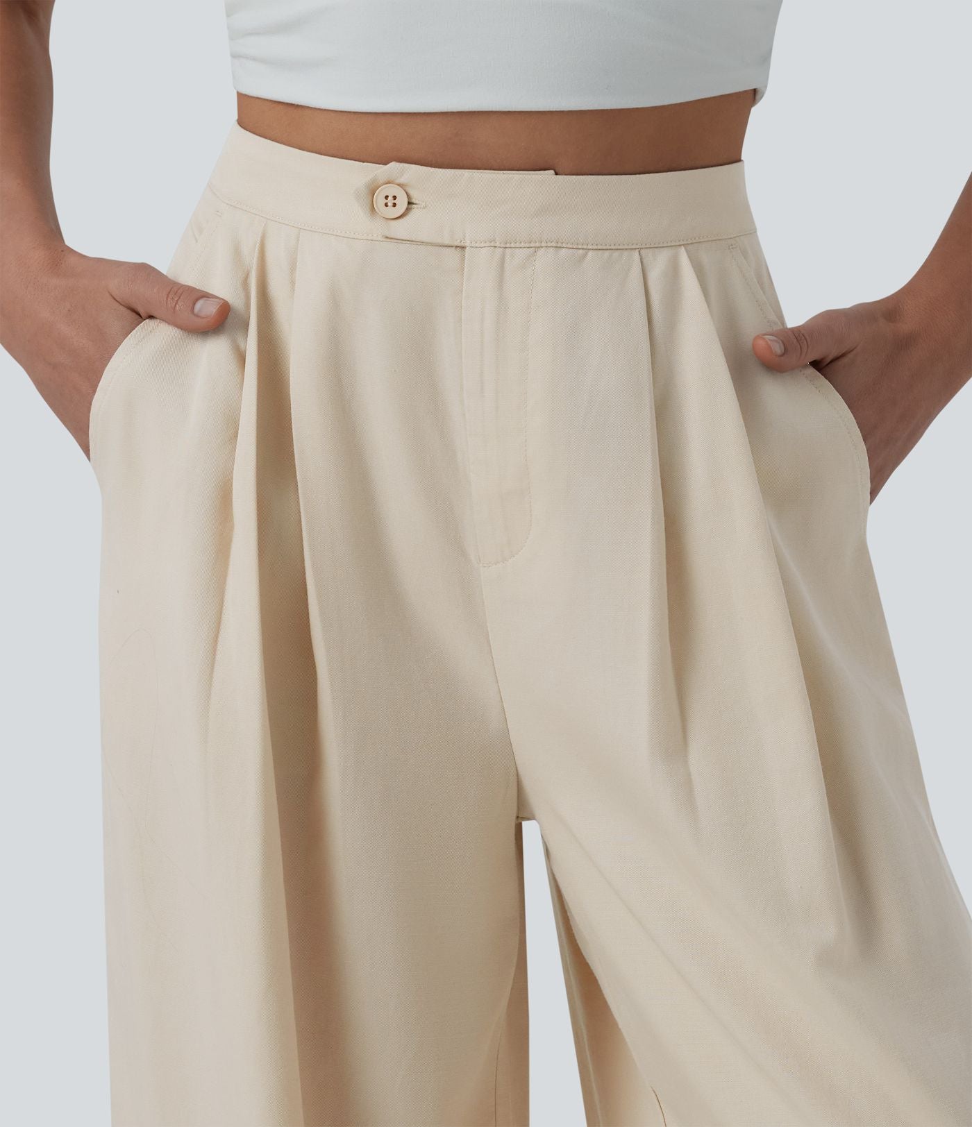 Pantalon large fluide casual taille haute plissé drapé en lin avec poches