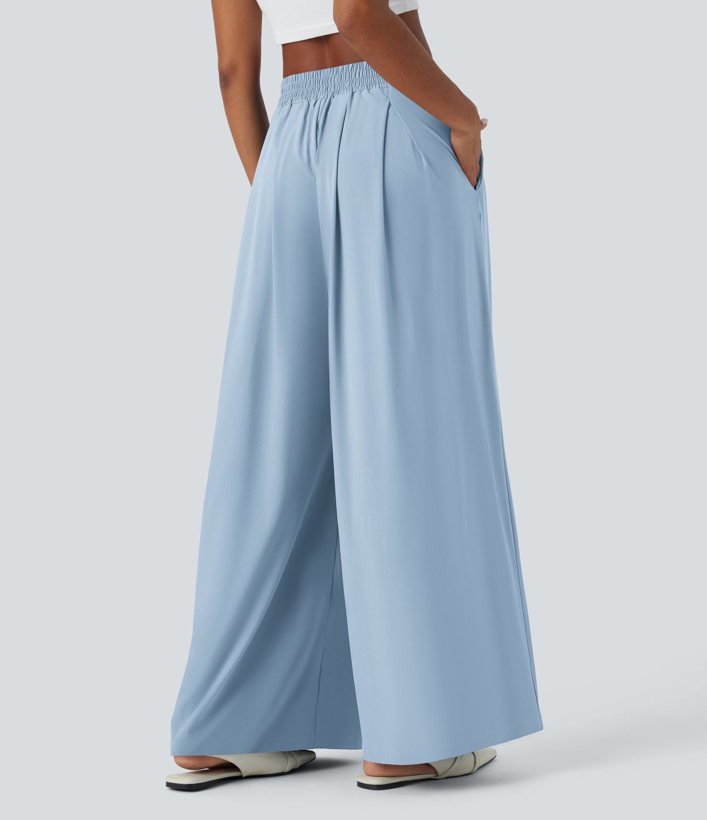 Breezeful™ Pantalon Large Fluide Taille Haute Plis Poches Latérales et Taille Élastique Séchage Rapide