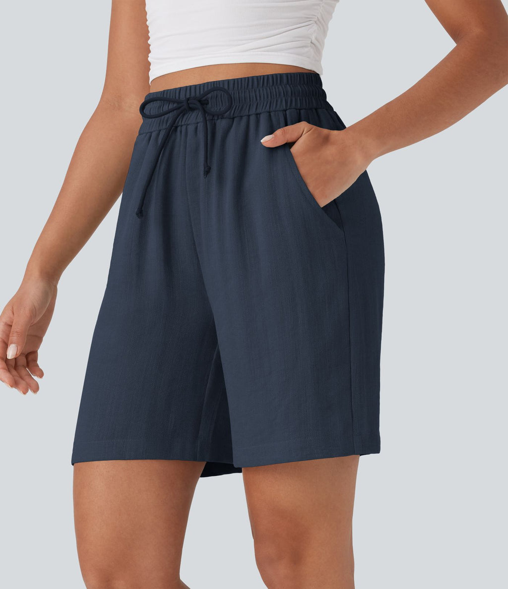 Short décontracté effet lin taille haute avec cordon de serrage et poches latérales