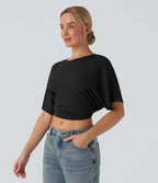 Haut casual crop col rond manches courtes fentes liens dos