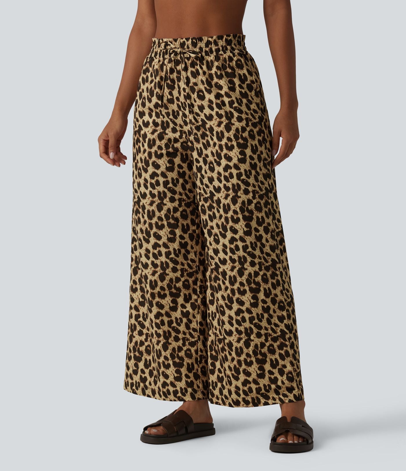 Pantalon large et fluide à imprimé léopard, taille haute avec cordon de serrage et poches latérales